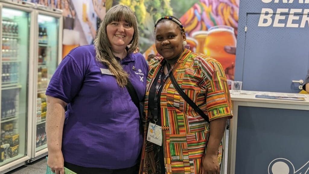 Drinktec trade show: Apiwe Nxusani-Mawela with Joanne Love, a beer expert from the United Kingdom. Photo: Supplied/Apiwe Nxusani-Mawela