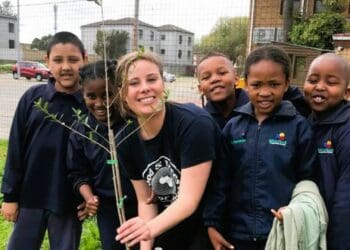 Food And Trees For Africa Facilitator, Tori, with students. Photo: Supplied/Food For Mzansi