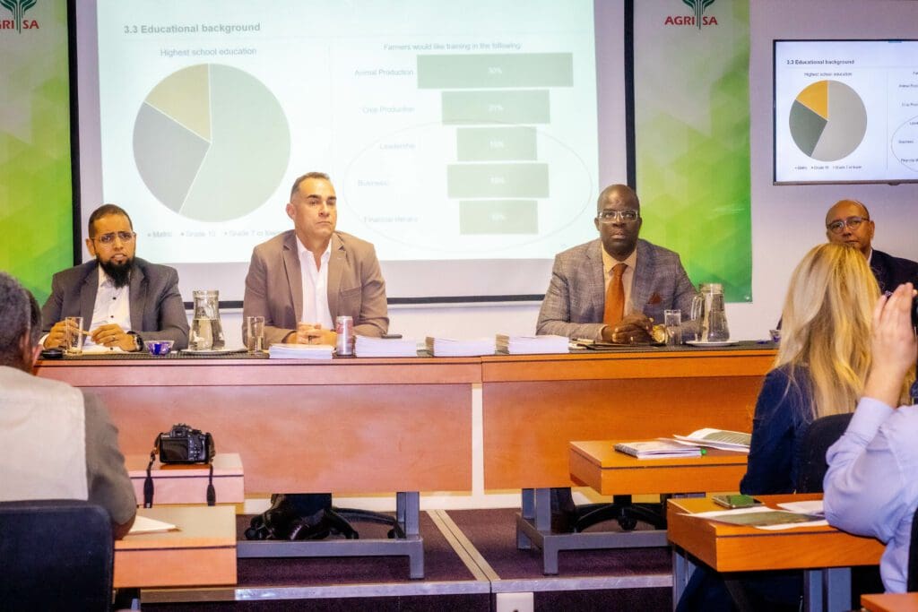 The Agri SA Group shared the successes of its “Farming for tomorrow” rural development initiative. Training and development lead at Agri Enterprises, Sulaimaan Patel, is pictured with Omri Van Zyl, CEO of Agri SA Enterprises, AgriSETA chief executive Dr Innocent Sirovha and Agri SA’s executive director Christo van der Rheede. Photo: Funiwe Ngwenya-Mohloba/Food For Mzansi