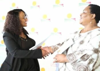 Land Bank chairperson Thabile Nkosi and Thoko Didiza, minister of agriculture, land reform, and rural development, celebrating the announcement of the blended finance scheme last year. Photo: Supplied/Reggie Ngcobo