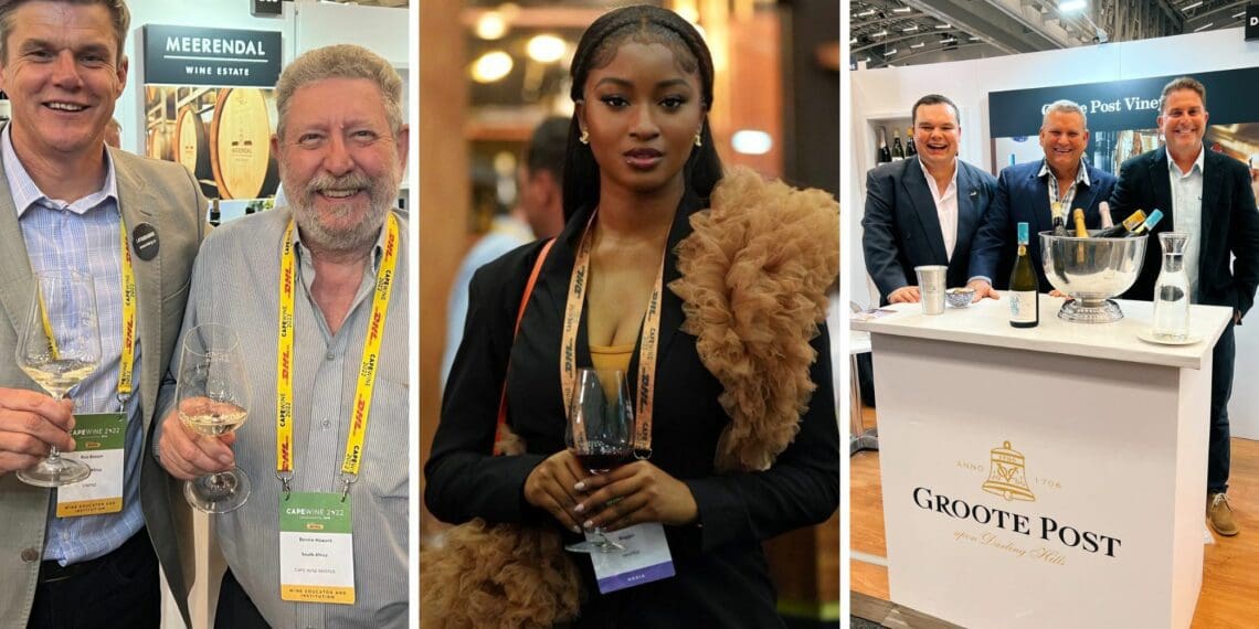 Spotted at Cape Wine 2022 was Vinpro managing director Rico Basson with Cape Wine Master Bennie Howard, Nigerian TV host and model Kim Oprah, and Groote Post’s Peter Pentz, Nick Pentz and Lukas Wentzel. Photos: Twitter