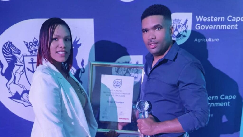 “Tomorrow will be a better day than today,” is how Yvette Kayser cheers up her partner, Nigel Klaasen, after a tough day at work. Klaasen is the 2022 winner of the Western Cape Prestige Agri Awards. Photo: Supplied/Food For Mzansi