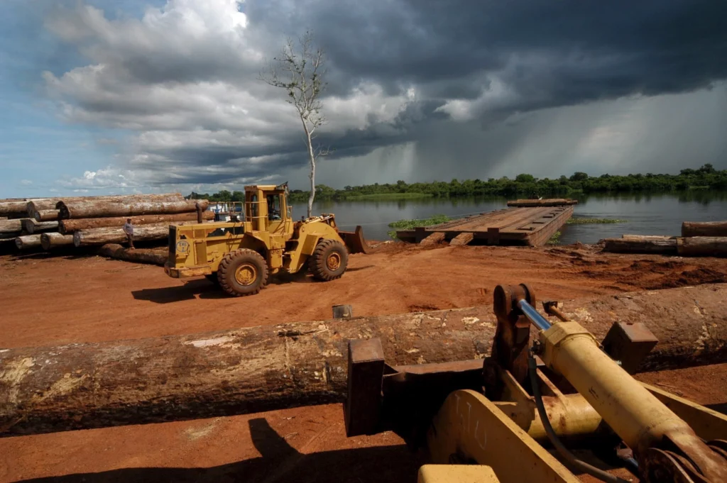 Machines load logs onto barges for transport down the Congo River in Ndobo, Democratic Republic of Congo, on 26 October 2006. Logging and slash-and-burn agricultural practices threaten the delicate equatorial ecosystem of the rainforests in the DRC. (Photo: Supplied/EPA/Ricky Gare/