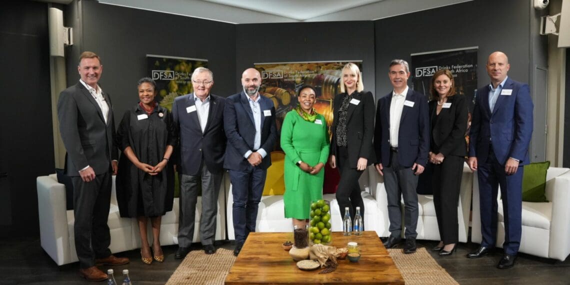 Pictured from the left are Gavin Poke (Diageo), Monhla Hlahla (DF-SA), Tim Hutchinson (DGB), Gregory Leymarie (Pernod Ricard), Pinky Kekana (deputy minister in the presidency), Karin Krause Wessels (Edward Snell & Co), Wim Buhrmann (Distell), Angela Russel (DF-SA), and Jordi Borrut Bel (Heineken). Photo: Supplied/DF-SA