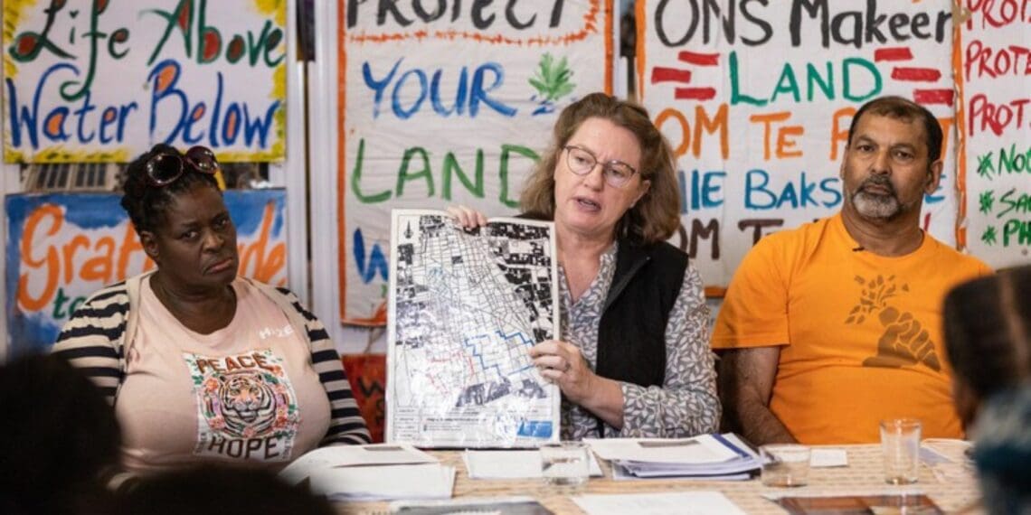 The Philippi Horticultural Area (PHA) Food and Farming Campaign’s Hazel Nyaba, Susanna Coleman, and Nazeer Sonday voiced their concerns over the potential approval of the 479-hectare development in the area. Photo: Ashraf Hendricks