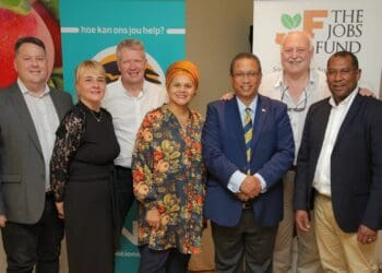 Celebrating the new partnership between Hortfin and FNB were Werner du Toit, Theresa le Roux and Gert Breet (all representing FNB), Najwah Allie-Edries from the Jobs Fund, Western Cape agriculture minister Dr Ivan Meyer, Anton Rabe from Hortgro, and Michael Brinkhuis from Hortfin. Photo: Supplied/Hortgro