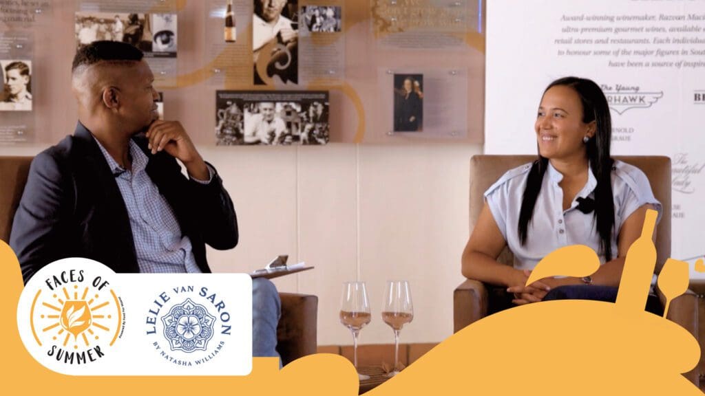Brian Mahanke, the Black Sommelier, in conversation with Natasha Williams, the inspiration behind the Lelie van Saron wine range. Photo: Supplied/Food For Mzansi
