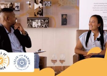 Brian Mahanke, the Black Sommelier, in conversation with Natasha Williams, the inspiration behind the Lelie van Saron wine range. Photo: Supplied/Food For Mzansi