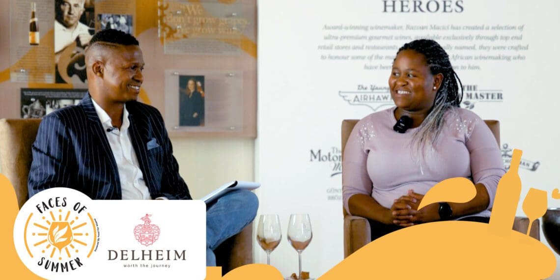 Brian Mahanke, better known as the Black Sommelier, in conversation with Delheim winemaker Nongcebo Langa as part of Food For Mzansi’s Faces of Summer campaign. Photo: Supplied/Food For Mzansi