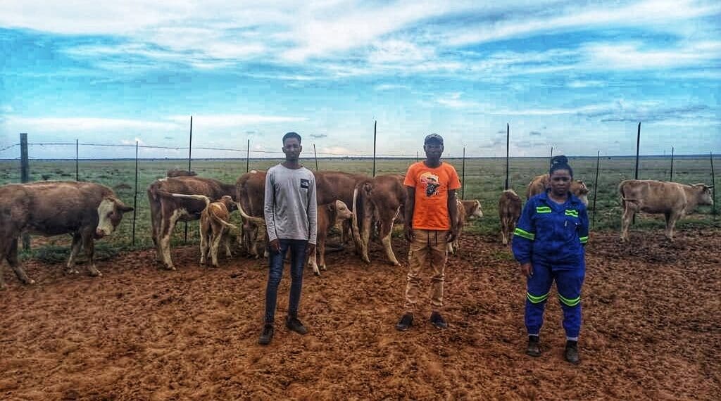 Northern Cape Riverfresh Crop Primary Co-Op has received a leg-up from Droogfontein Solar Power to shift their focus from crop farming to livestock. Pictured are Tuelo Sabela, Moeti Mamapula, Ethusang Molema. Photo: Supplied/Food For Mzansi