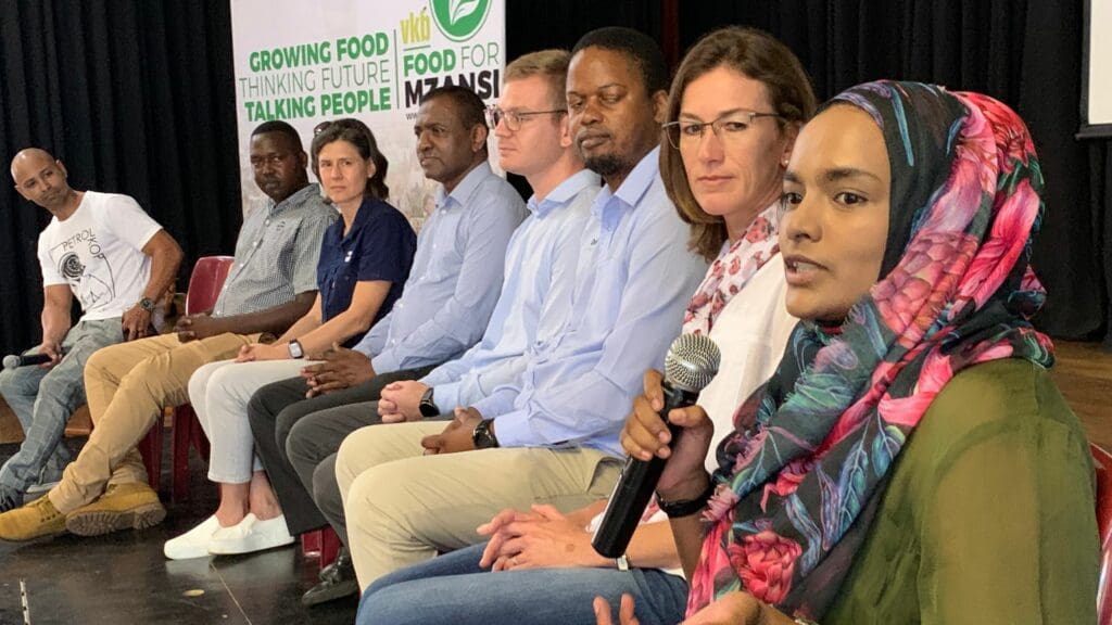 AgriCareers host Jerome Rex, Dennis Makuwa from Bayer, Toinette van Rooyen from Starke Ayres, Krish Govender from Tangible Africa, Clinton Hayward from Standard Bank, Sakhile Mthembu from HelloChoice, Donvae Hooker from Andermatt Madumbi, and Dr Alaika Kassim, a University of KwaZulu-Natal lecturer and agricultural engineer. Photo: Kobus Louwrens/Food For Mzansi