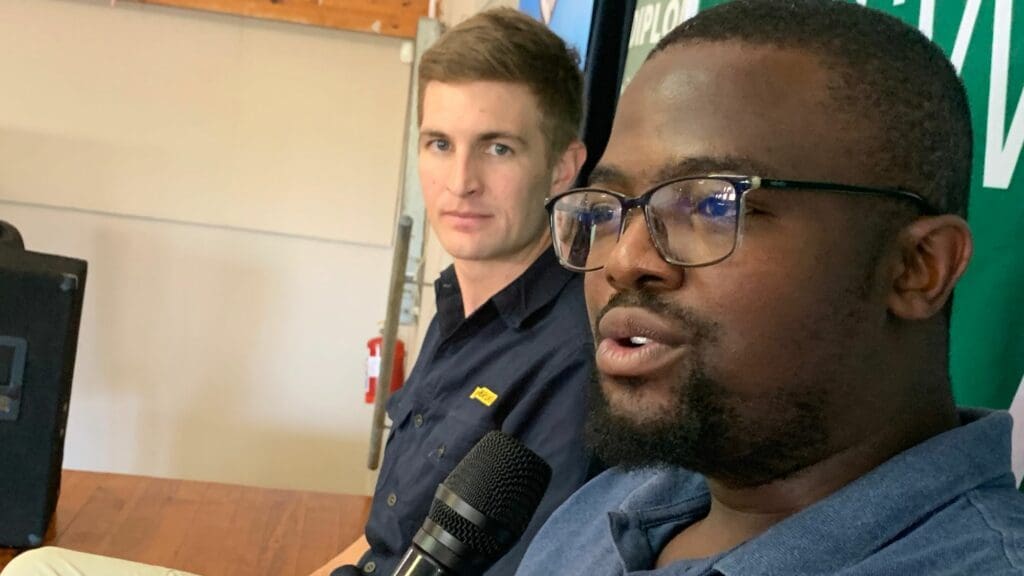 Francois Pretorius from Barenbrug, representing the South African National Seed Organisation, and Lizwi Gwaza from Tangible Africa, bring together the fields of plant science and computer programming to inspire the next generation of agriculture professionals at the AgriCareers event in Jeffreys Bay. Photo: Kobus Louwrens/Food For Mzansi