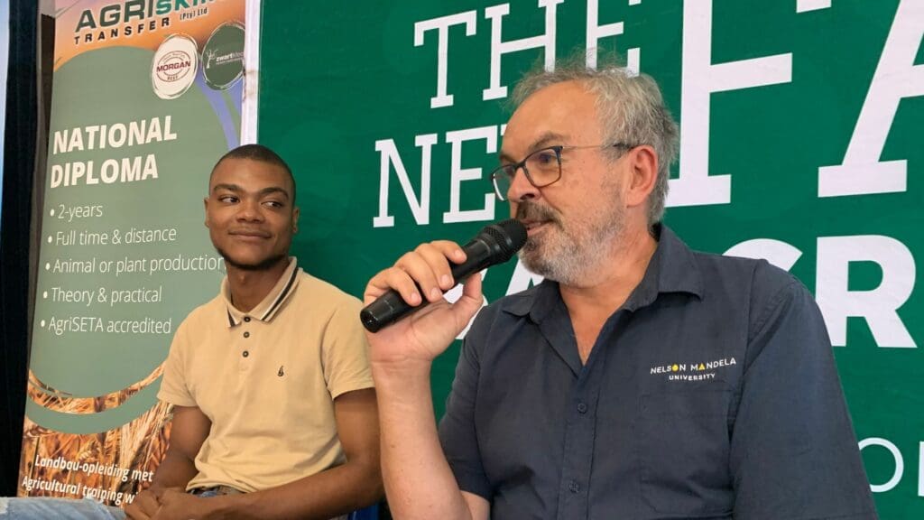 Professor Jean Greyling from Nelson Mandela University and Tangible Africa ignites a passion for technology in learners at the AgriCareers roadshow alongside Gomolemo “Diesel” Phalatse from Agri Skills Transfer. Photo: Kobus Louwrens/Food For Mzansi