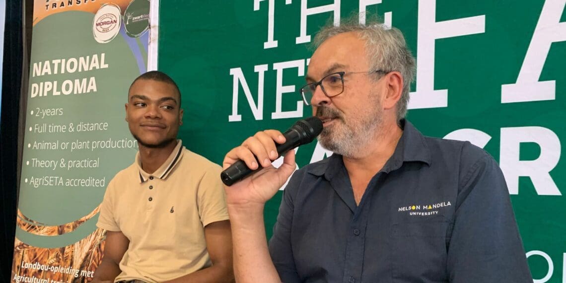Professor Jean Greyling from Nelson Mandela University and Tangible Africa ignites a passion for technology in learners at the AgriCareers roadshow alongside Gomolemo “Diesel” Phalatse from Agri Skills Transfer. Photo: Kobus Louwrens/Food For Mzansi