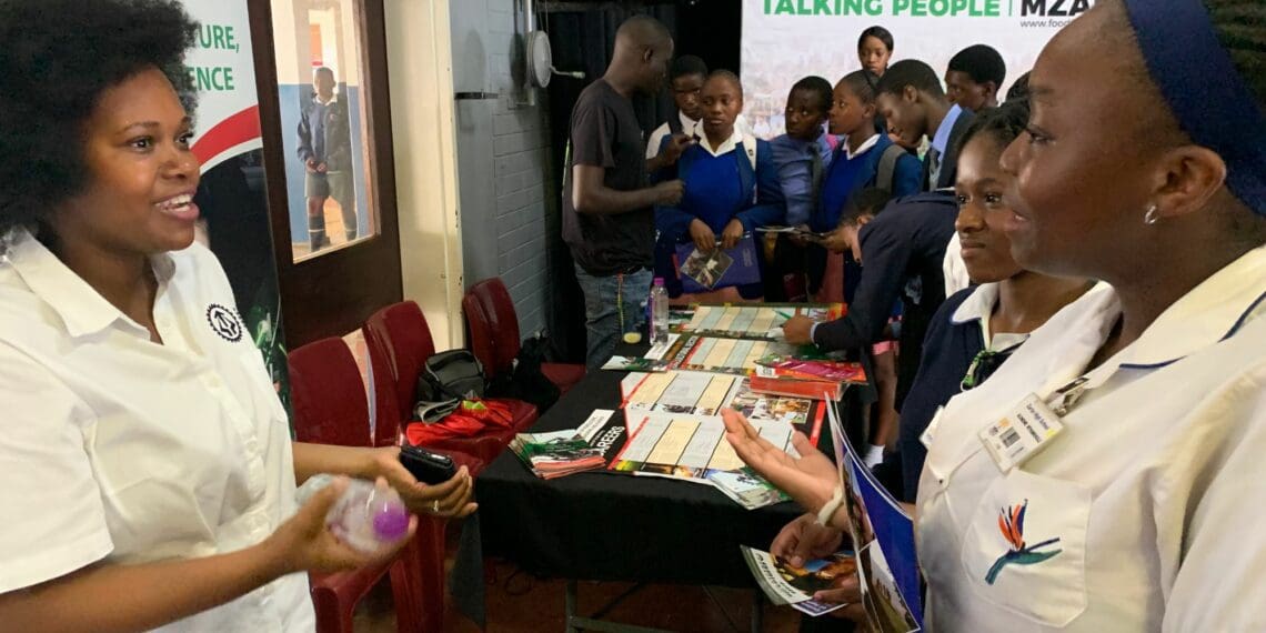 Captivated learners hanging onto every word as Chikondi Gurira, business manager at SAIAE, shares insights on the exciting field of agricultural engineering. They attended the Pietermaritzburg leg of Food For Mzansi’s AgriCareers roadshow. Photo: Kobus Louwrens/Food For Mzansi