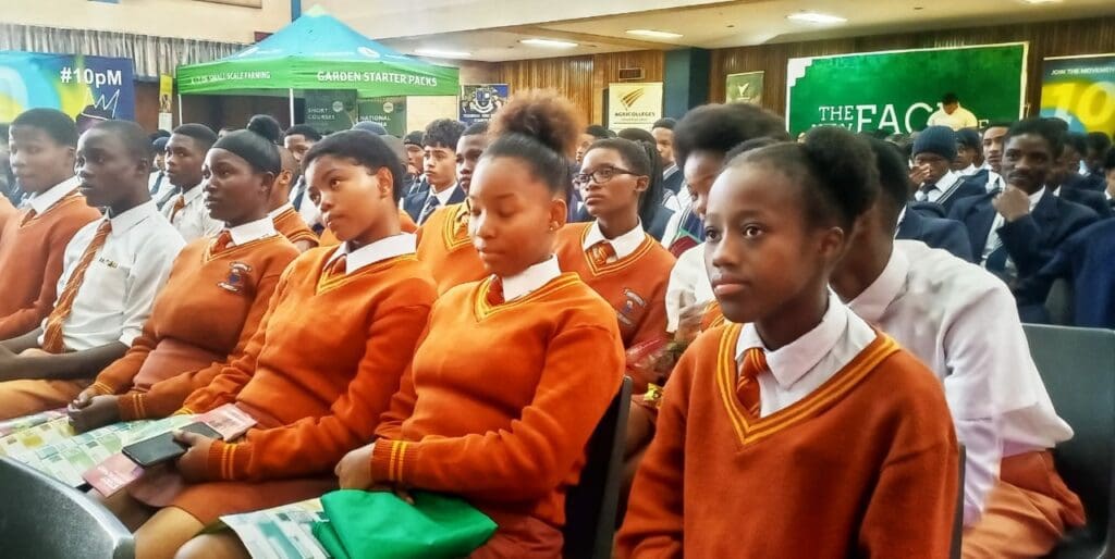 Learners from Vuyolwethu High School in Kimberley listening attentively to the principal of Kimberley Technical High School, Micheal Ludick. Photo: Duncan Masiwa