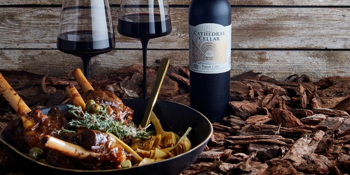 Mynhardt Joubert’s Provençal lamb shank steals the show with its white-wine infusion, green olives and artichokes. The renowned chef describes it as a true celebration of the autumn harvest season at Cathedral Cellar. Photo: Supplied/Food For Mzansi