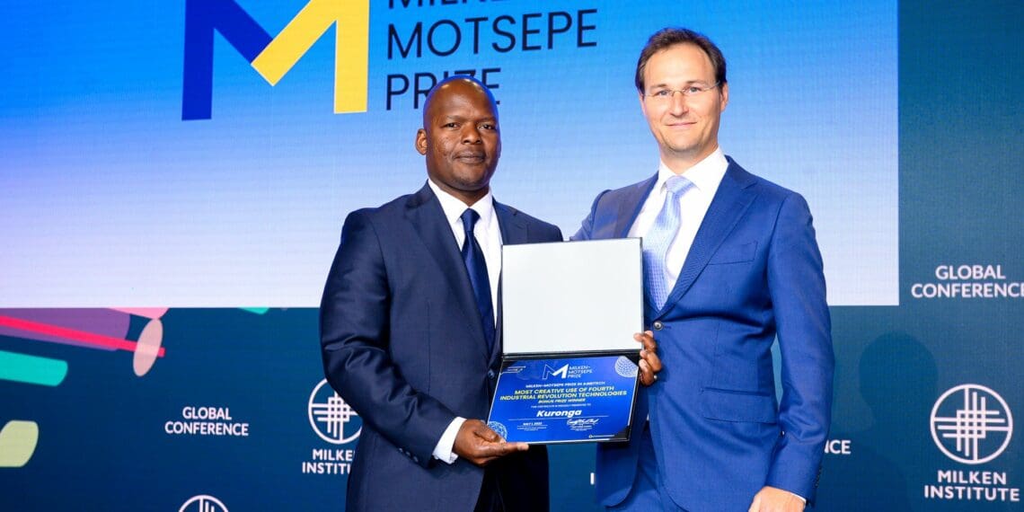 Tendai Chitapi accepting the award after an announcement that Kuronga had won the Milken-Motsepe Prize in Agritech for the Most Creative Use of 4IR. They also walked away with a cash prize of USD100 000. Photo: Koronga