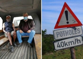 The death of a 26-year-old farmworker in the Western Cape has sparked concern around potholes and the unsafe transportation of farmworkers. Pictured is the Western Cape minister of agriculture, Dr Ivan Meyer and a farmworker on the back of a bakkie used for transporting farmworkers. Photo: Sourced/Hortgro/Free State Agriculture