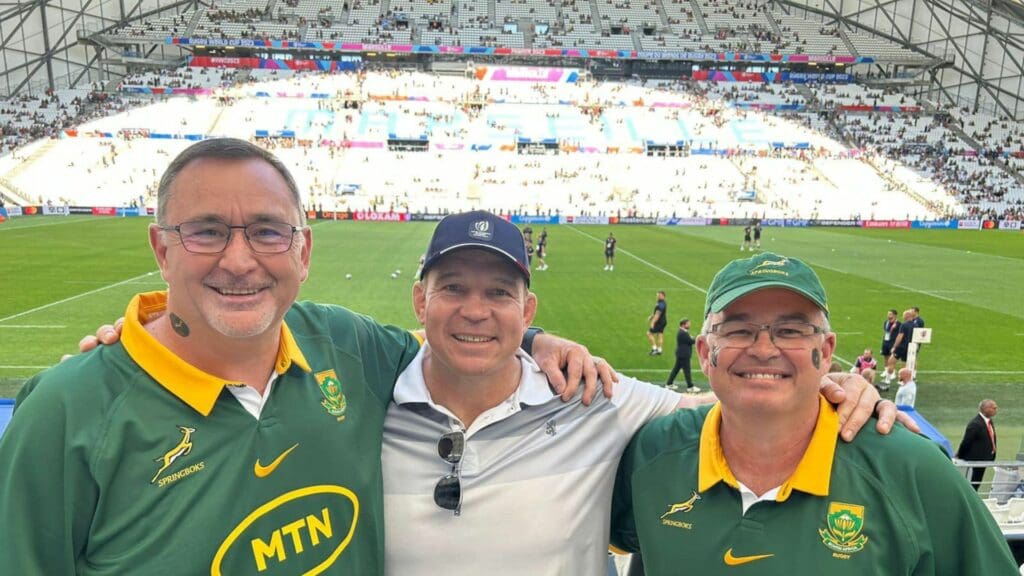 Francois Swanepoel (on the right), the chief executive of Sentraal-Suid Co-operative (SSK), was in attendance at the iconic Stade Vélodrome in Marseille stadium for the match against Scotland. Photo: Facebook