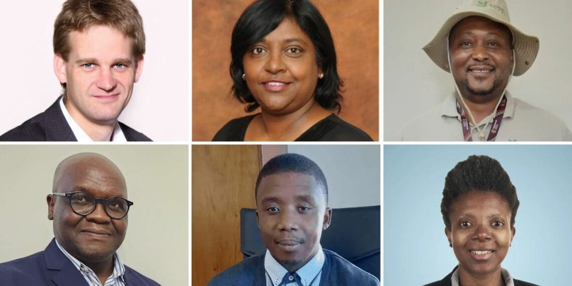 Key figures speaking at Food For Mzansi’s 2024 AgriFuture SA conference: Theo Boshoff (Agbiz), Leona Archary (Agda), Tebogo Mokgoadi (Kagiso Trust), Fhumulani Mashau (Fruit SA, Abongile Balarane (South African Poultry Association), and Thandokwakhe Sibiya (South African Farmers Development Association). Photos: Supplied/Food For Mzansi