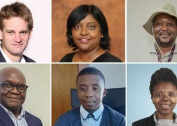 Key figures speaking at Food For Mzansi’s 2024 AgriFuture SA conference: Theo Boshoff (Agbiz), Leona Archary (Agda), Tebogo Mokgoadi (Kagiso Trust), Fhumulani Mashau (Fruit SA, Abongile Balarane (South African Poultry Association), and Thandokwakhe Sibiya (South African Farmers Development Association). Photos: Supplied/Food For Mzansi