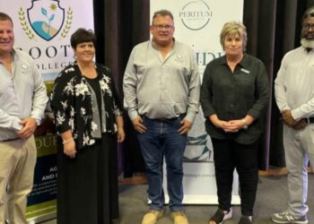 Pictured from the left: Eddie Conradie (Roots College managing director), Emmie Pietersen (Peritum Agri Institute director), Johan Riekert (Roots College founder), Belinda Louw (Peritum Agri Institute director), and Salomon Kalondo (Roots College director). Photo: Supplied/Food For Mzansi