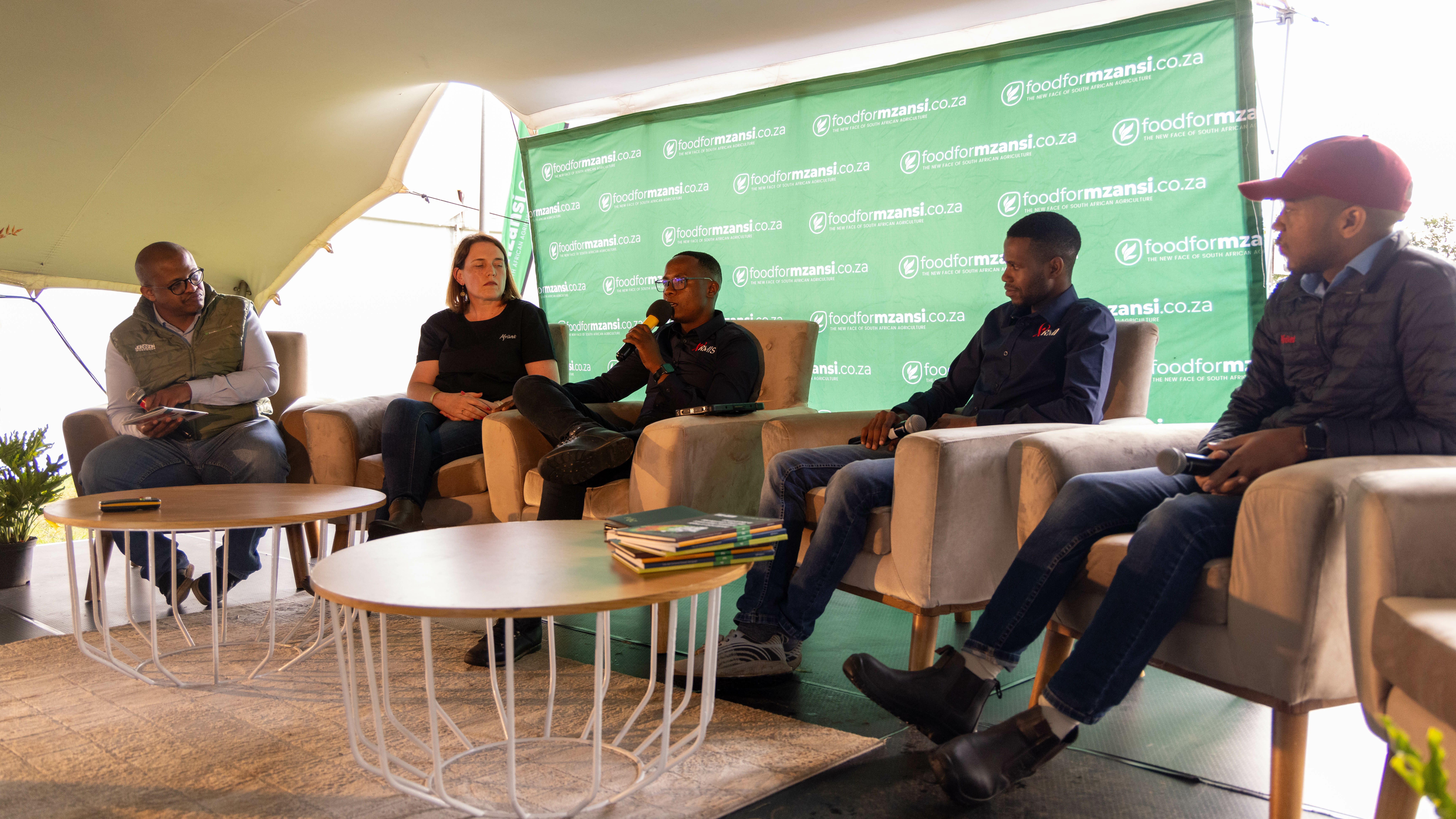 From left to right: Tiisetso Manoko from Food For Mzansi, Dr Didi Claasen from Afrivet, Ernest Makuwa and Khomotso Mashiloane, both from RMI TED, and Dr Sokhumuzi Nkosi from Afrivet. They participated in a panel discussion on biosecurity at the 2024 Mzansi Young Farmers Indaba. Photo: Leon Barnardt/Food For Mzansi