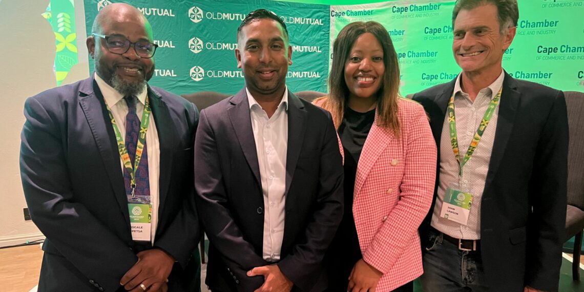 Dr Mogale Sebopetsa, head of the Western Cape government’s agriculture department, pictured with Lushen Govender, Old Mutual’s Western Cape provincial general manager; Tinah Mohlamme, business development and stakeholder relations manager; and John Lawson, Cape Chamber of Commerce and Industry CEO. Photo: Ivor Price/Food For Mzansi