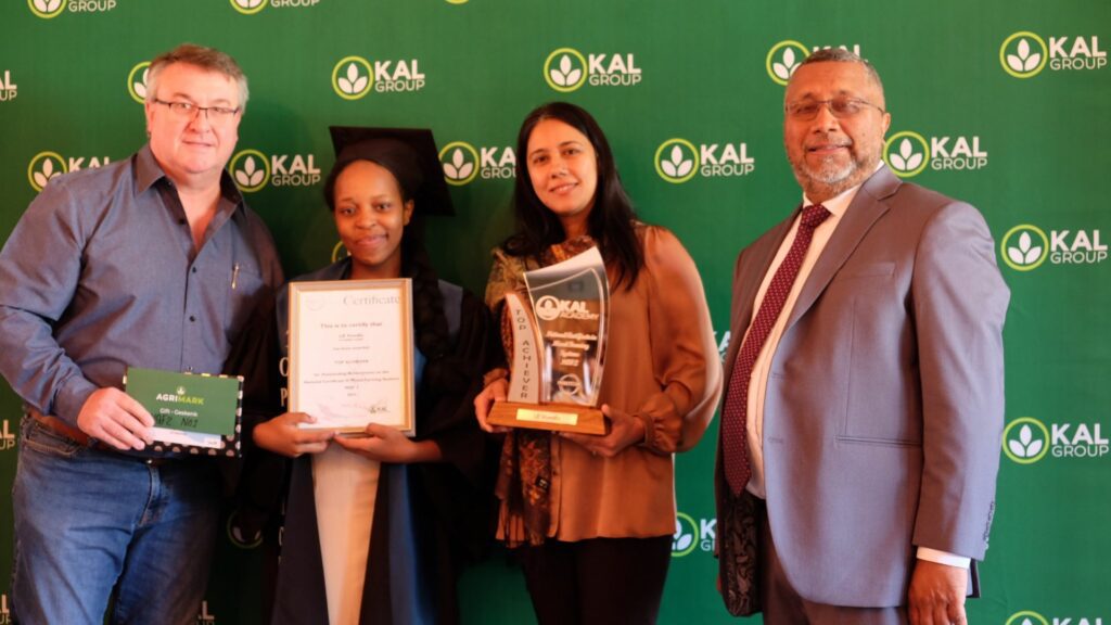 Lelethu Vundla, top achiever in the NQF2 mixed farming systems class, proudly accepts her certificate and prizes from Sean Walsh, CEO of KAL Group, Tasneem Sulaiman-Bray, director of corporate affairs at Agrimark Operations, and Dr Ernest Messina, independent non-executive director of the board of directors of KAL Group, in recognition of her outstanding dedication and achievement in agricultural education at KAL Academy. Photo: Supplied/Food For Mzansi