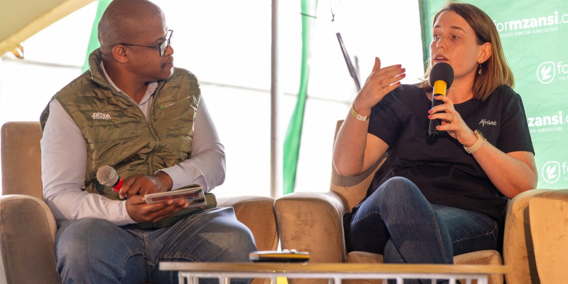 Food For Mzansi news editor Tiisetso Manoko and Dr Didi Claasen from Afrivet engaging in a panel discussion on livestock wellness at the 2024 Mzansi Young Farmers Indaba. Photo: Leon Barnardt/Food For Mzansi