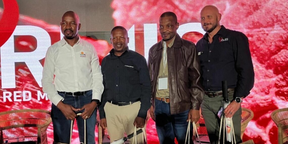 Panellists at Food For Mzansi and Land Bank’s lunch-time conversation at 2024 Nampo Harvest Day: Themba Rikhotso (Land Bank CEO), Sakhumzi May (Land Bank chief agricultural economics officer), Dr Takisi Masiteng (head of agriculture in the Free State), and Dewald Olivier (RMIS CEO). Photo: Kobus Louwrens/Food For Mzansi