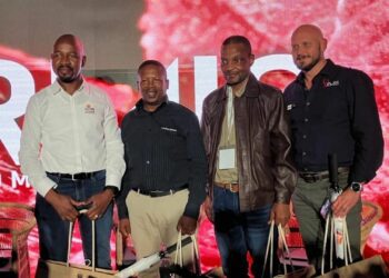 Panellists at Food For Mzansi and Land Bank’s lunch-time conversation at 2024 Nampo Harvest Day: Themba Rikhotso (Land Bank CEO), Sakhumzi May (Land Bank chief agricultural economics officer), Dr Takisi Masiteng (head of agriculture in the Free State), and Dewald Olivier (RMIS CEO). Photo: Kobus Louwrens/Food For Mzansi