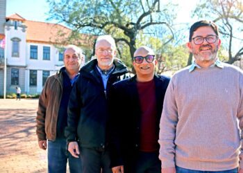 Professor Johan van Niekerk, vice-dean for agriculture; Professor Vasu Reddy, deputy vice-chancellor for research and internationalisation; Dr Glen Taylor, senior director for the directorate research development; and Professor Paul Oberholster, dean of natural and agricultural sciences, are enthusiastic about the launch of the new ARC-DALLRD-UFS research chairs. Photo: Supplied/UFS