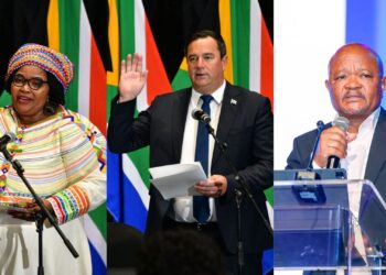 From left to right: Ministers Pemmy Majodina, John Steenhuisen, and Senzo Mchunu – new heads of water and sanitation, agriculture, and police. Photos: Supplied/GCIS