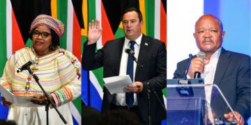 From left to right: Ministers Pemmy Majodina, John Steenhuisen, and Senzo Mchunu – new heads of water and sanitation, agriculture, and police. Photos: Supplied/GCIS