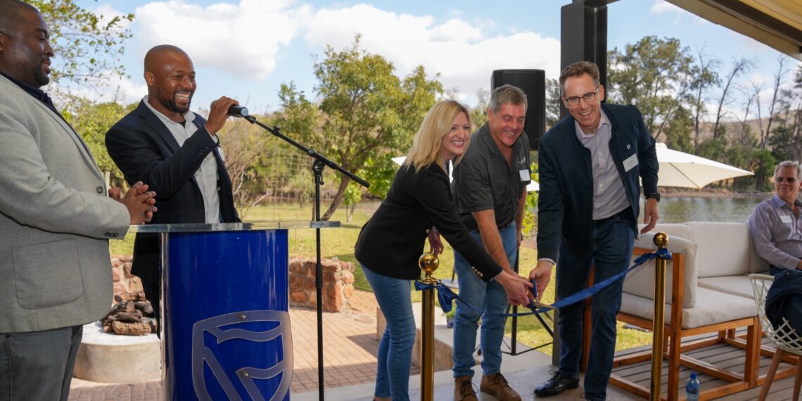 The Radley family farm in Mpumalanga is setting a precedent in sustainable agriculture by installing solar panels on their irrigation dam. From left to right: Morgan Mbhele Nkosinathi Msiza, Simone Cooper, Wilscott Radley, and Bill Blackie. Photo: Supplied/Food For Mzansi
