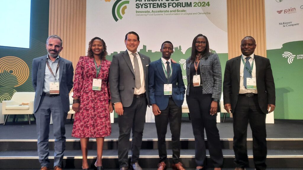 The panellists joining the conversation were Jens Hartmann (Bayer Crop Science head of EMEA region), Joyce Maru (reginal director: International Potato Centre Africa), moderator Tim Strong (Opportunity International head of agriculture finance), a young farmer Samuel Nsengiyumva (AgriResearch Unguka) and senior scientist, Paul Demo (International Potato Center), and Mildred Nadah Pita (Bayer head of public affairs and sustainability in Africa). Photo: Supplied/Food For Mzansi