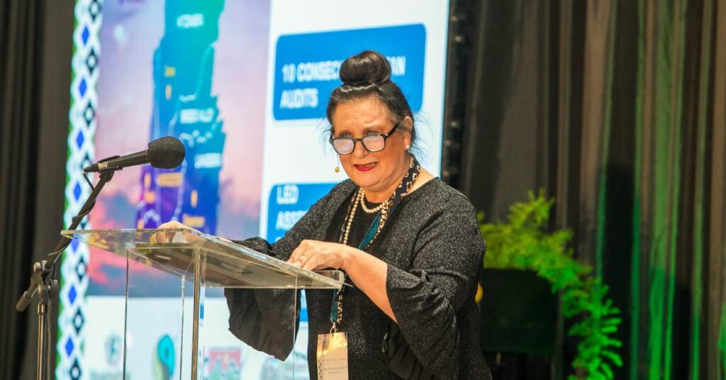 Executive mayor of the Cape Winelands District Municipality, Dr Elna von Schlicht addresses the Fair Trade Cities and Towns Conference, emphasising the municipality’s commitment to inclusive growth and sustainable development. Photo: Natalie Gabriels/Food For Mzansi