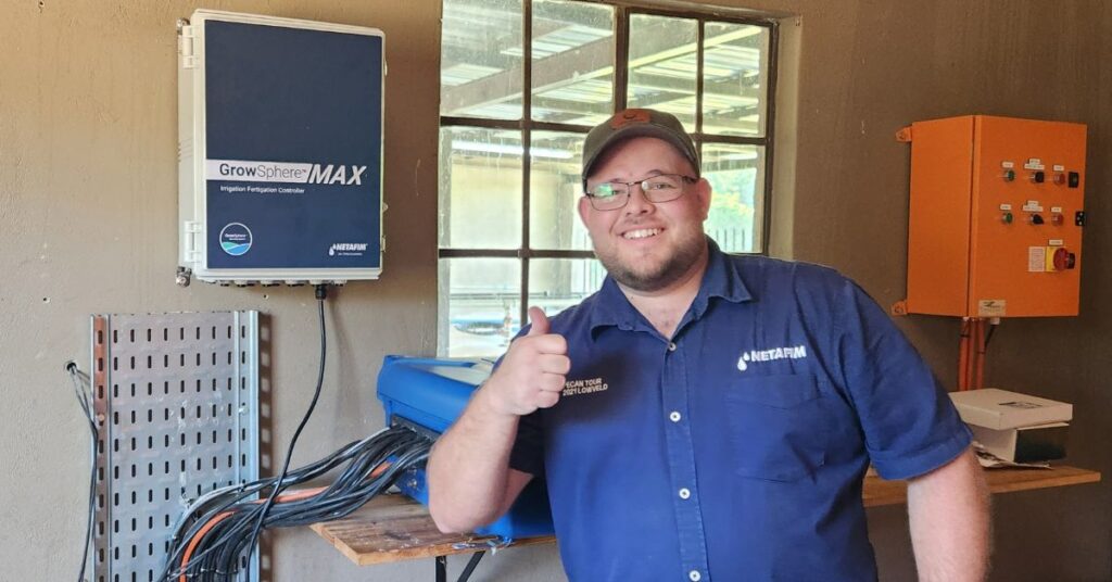 Jared Gouws, automation technician, with the first commercial GrowSphere installed in South Africa. Photo: Supplied/Food For Mzansi