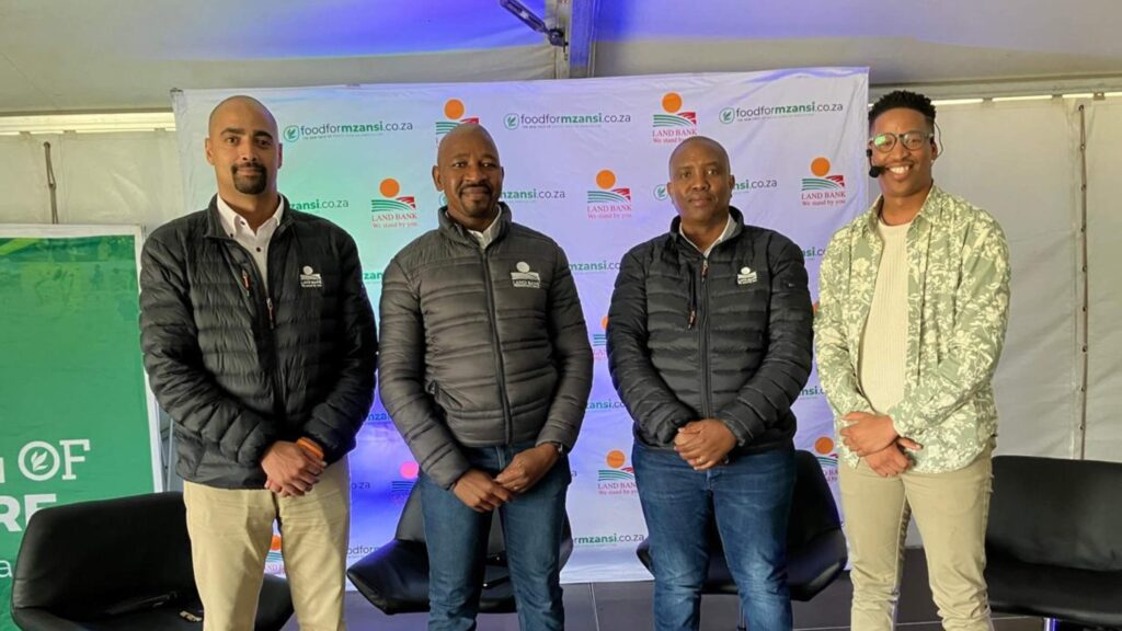 Craig Harrison (Land Bank provincial manager in the Western Cape), Themba Rikhotso (CEO of Land Bank), Mzi Shabangu (GIS specialist at Land Bank), and Duncan Masiwa (assistant editor at Food For Mzansi) following a brunch conversation at Nampo Cape in Bredasdorp, Western Cape. Photo: Adéle Changuion/Food For Mzansi