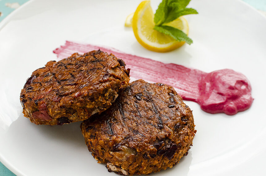 Bean burger with beetroot mayonnaise. Photo: Supplied/Proveg International