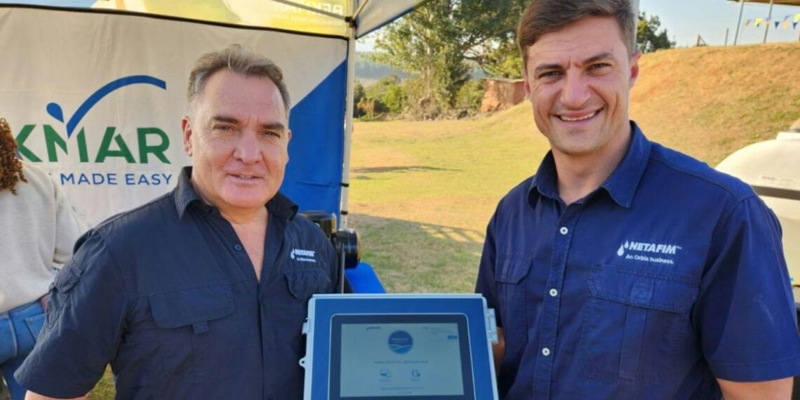 Matt Botha, digital farming technical services manager, and Nico Prinsloo, technical advisor, showcase a GrowSphere unit at a recent farming event. Photo: Supplied/Netafim South Africa