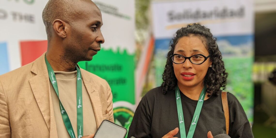 Shungu Kanyemba, managing director of Solidaridad Southern Africa, and Candice Kroutz-Kabongo, digital innovations lead, address the media at a press conference during the Africa Food Systems Forum in Kigali, Rwanda. Photo: Supplied/Solidaridad