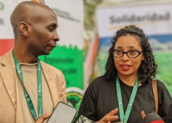 Shungu Kanyemba, managing director of Solidaridad Southern Africa, and Candice Kroutz-Kabongo, digital innovations lead, address the media at a press conference during the Africa Food Systems Forum in Kigali, Rwanda. Photo: Supplied/Solidaridad