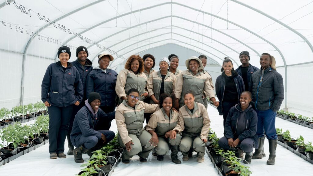 The Living Soils team and interns gather inside the newly donated hydroponic greenhouse tunnel from Vegtech Netafim, ready to explore sustainable farming practices and enhance local food production. Photo: Supplied/Food For Mzansi