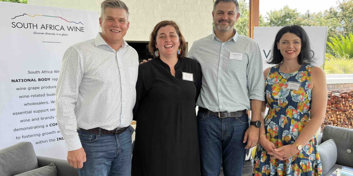 Rico Basson (CEO of South Africa Wine), Marike Brits (chairperson of Agricultural Writers SA's !Xhariep region), Conrad Schutte (CEO of Vinpro), and Lindi Botha (national chairperson of Agricultural Writers SA) at wine industry roundtable yesterday. Photo: Ivor Price/Food For Mzansi