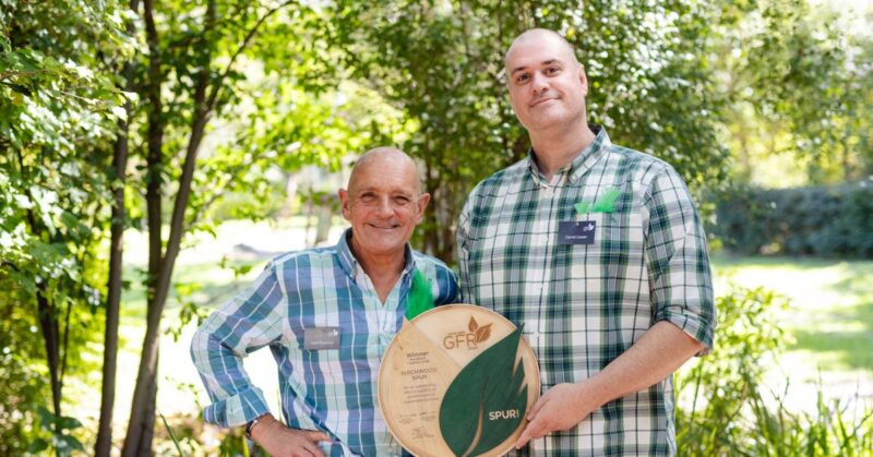 The Birchwood Spur team, led by Johan Erasmus and Darrel Gower, proudly accepts first place at the Green Feather Rewards for their outstanding sustainability efforts, including solar energy, a borehole, and a community recycling programme. Photo: Supplied/Spur Corporation