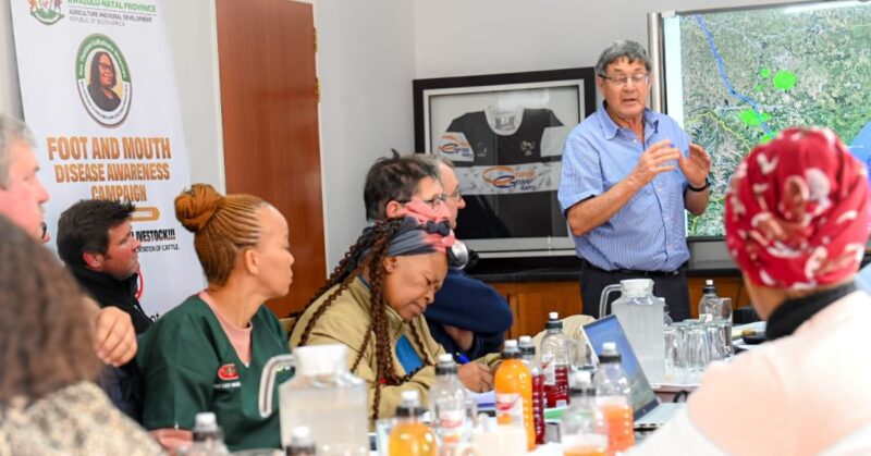 KwaZulu-Natal MEC for agriculture and rural development, kaMadlopha-Mthethwa, discusses vaccination plans with local dairy producers to contain the Foot-and-Mouth Disease outbreak in KwaZulu-Natal. Photo: Supplied/Food For Mzansi