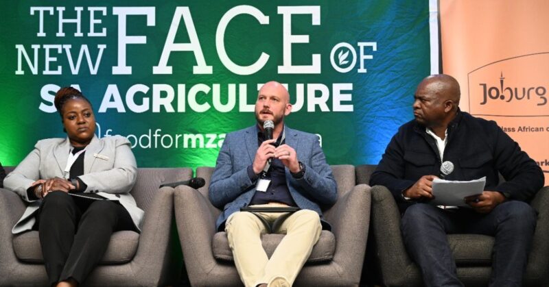 Luvuyo Sandi (on the right), SED business and fund manager at Kagiso Trust, led the panel discussion “Commodities under pressure – A sectoral reflection” at the 2025 Agricultural Transformation Lekgotla. Pictured with Sandi are Rendani Murovhi from Potatoes SA, Dewald Olivier from RMIS. Photo: Food For Mzansi